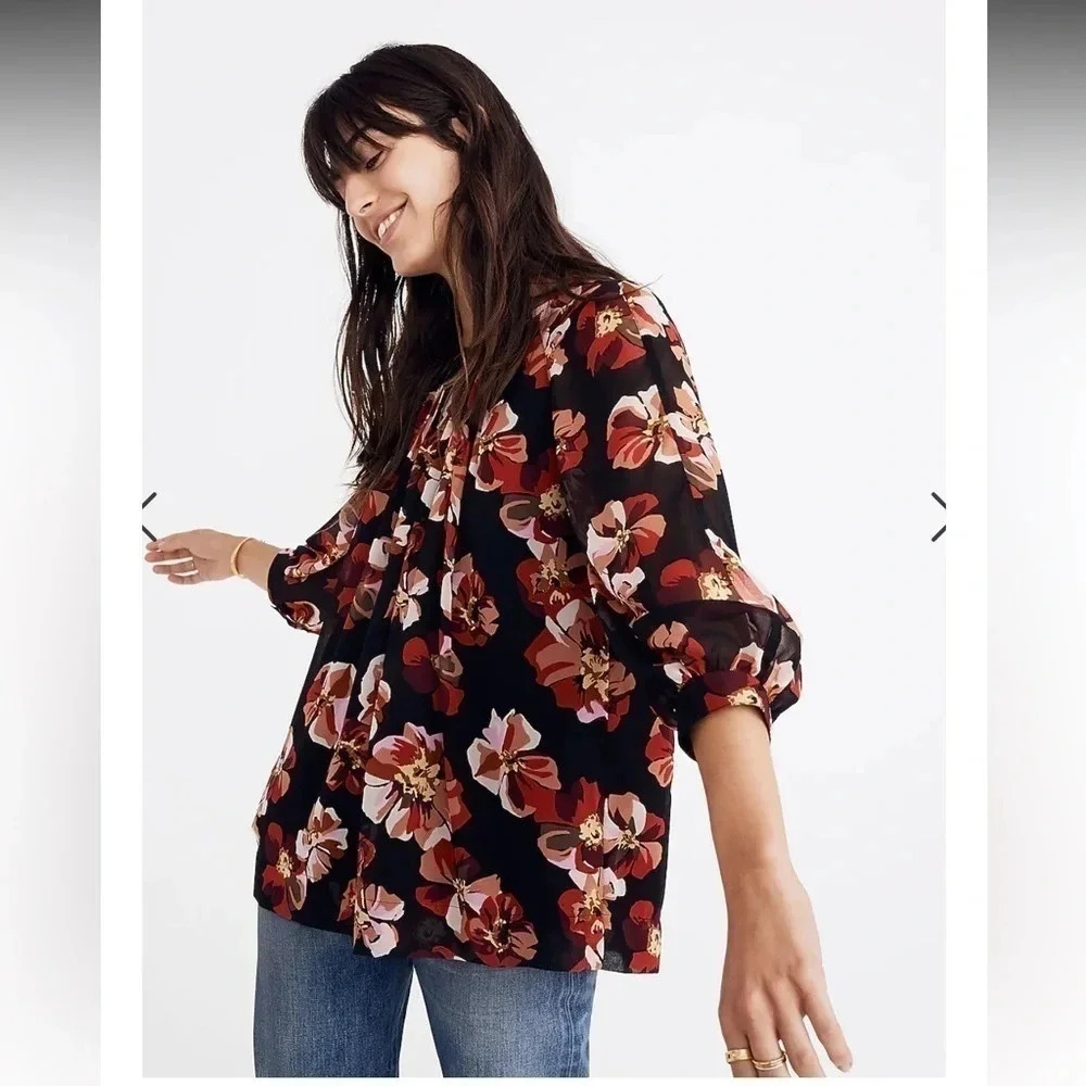 Madewell | Black Tie-Back Bubble-Sleeve Top in French Rose Floral Size XXS